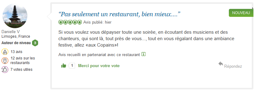 Avis client sur les concerts au restaurant Les Copains d'Abord à Salbris 41